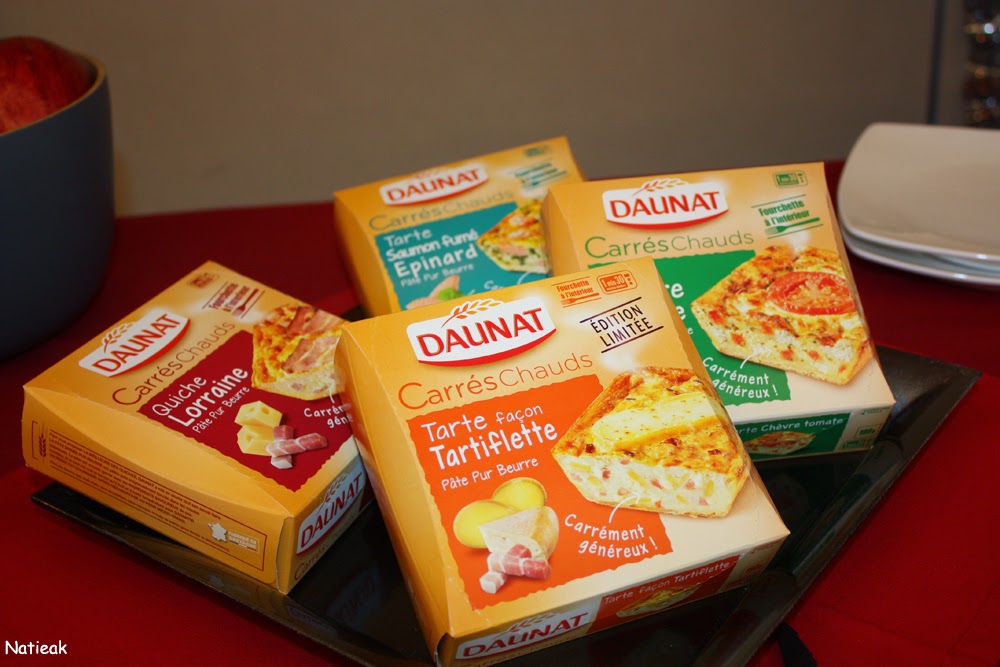 quiche lorraine, tartiflette, tarte saumon épinard et tarte chèvre tomate