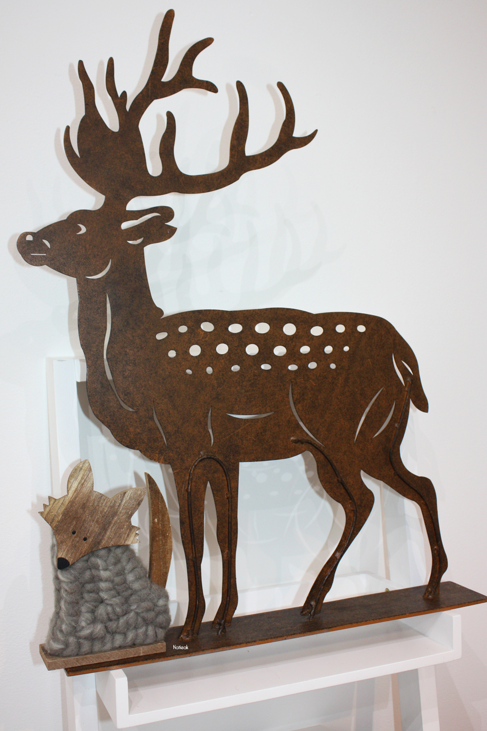 décoration cerf en métal et renard bois et laine