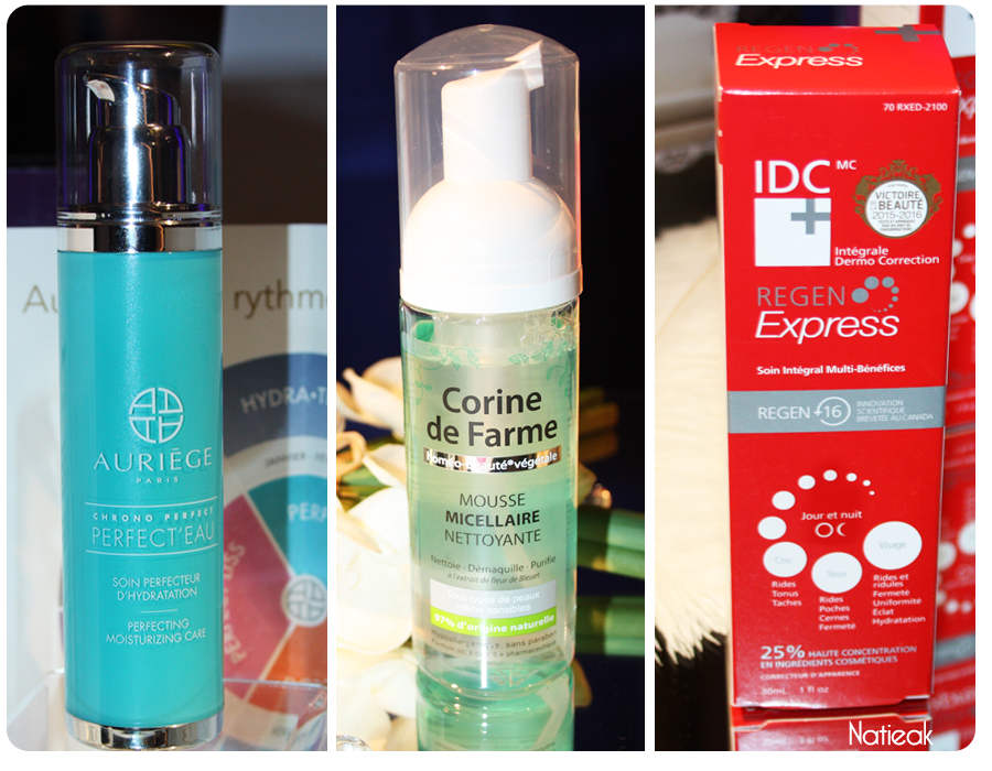 Auriège perfect eau, Corine de Farme mousse nettoyante et IDC regen express