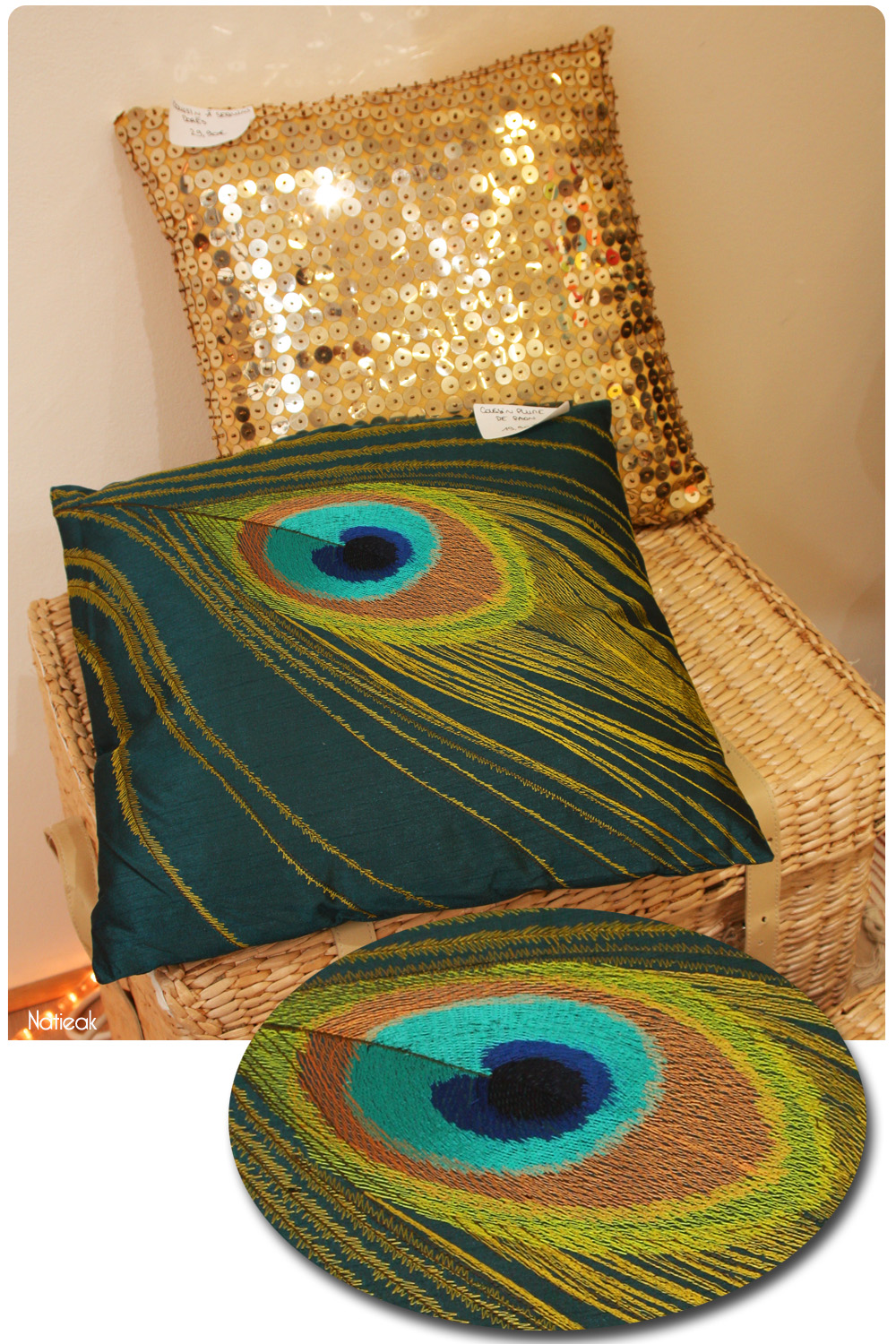 coussin plume de paon de Becquet