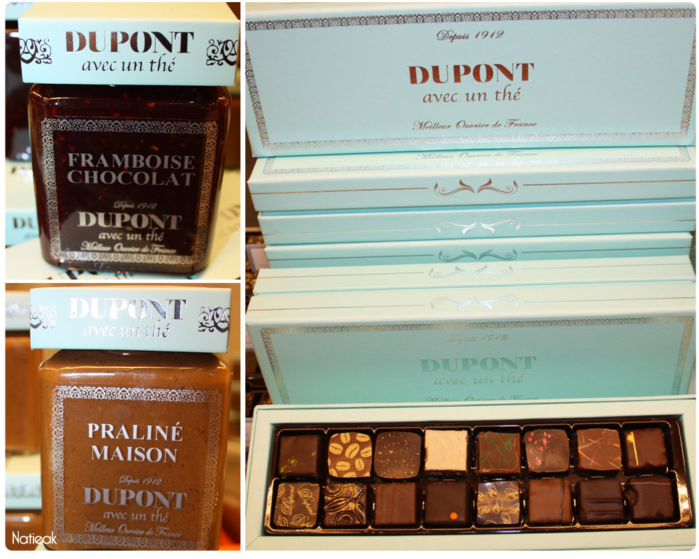 Framboise/chocolat, praliné et assortiments de Dupont avec un thé