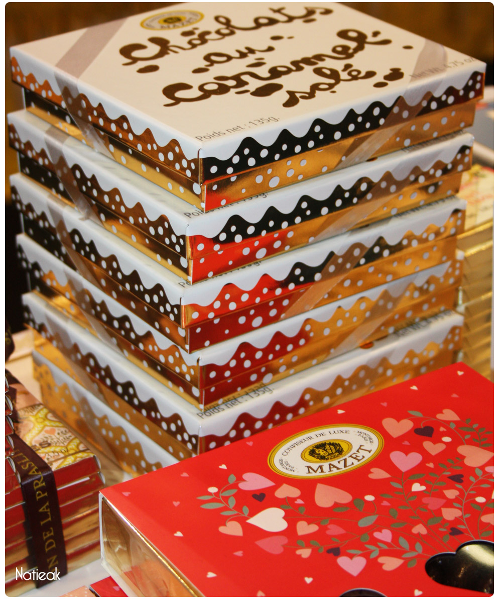 boites d'assortiments: boite cœur et chocolat au caramel salé de Mazet Salon du chocolat 2016