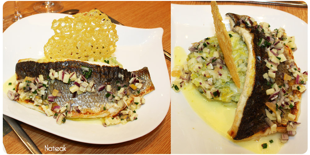 Filet de bar poêlé, fondu de poireaux au Beaufort et chips d'AOP Beaufort