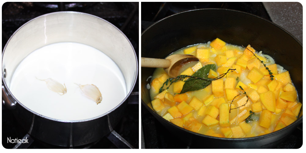 crème liquide à l'ail et courge à la poêle