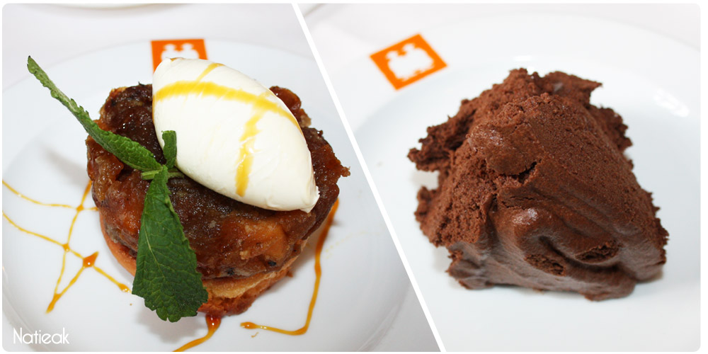 Sœur tatin fouace tiède et pommes caramélisées et mousse au chocolat