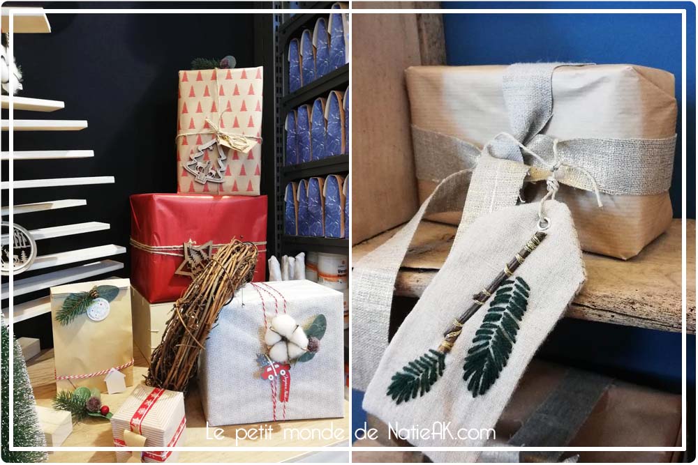 déco bois et fleur de coton et étiquette brodée de Noël