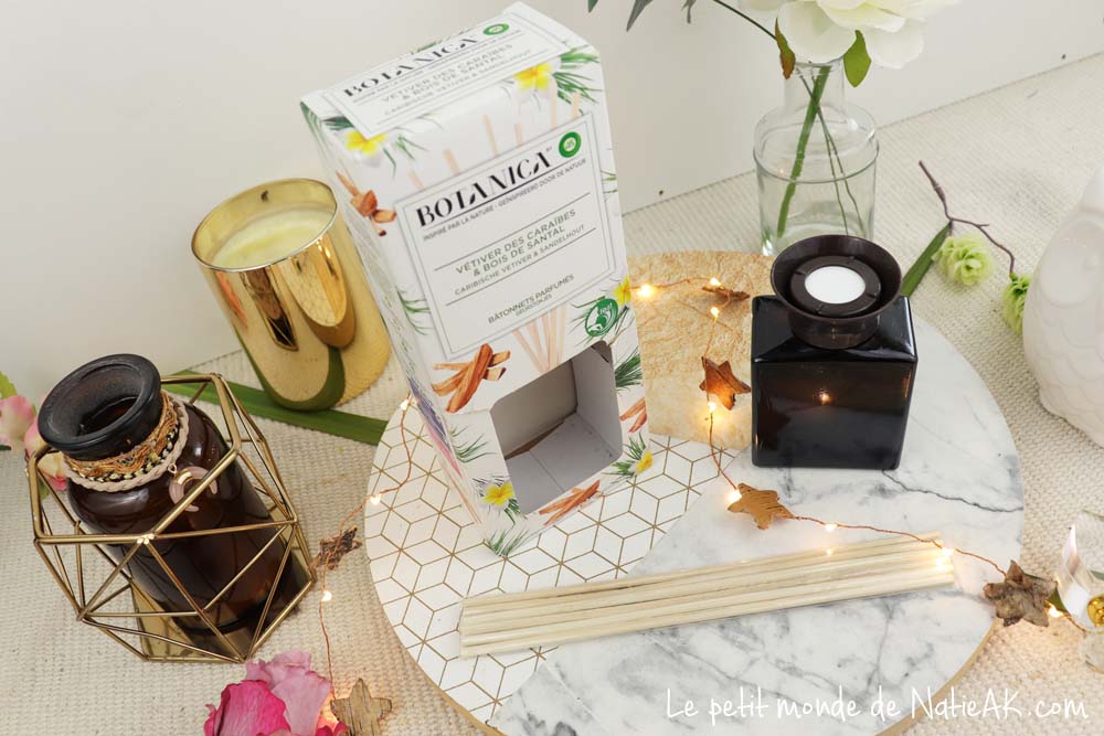 Bâtonnets parfumés Botanica vétiver des Caraïbes et du bois de santal.