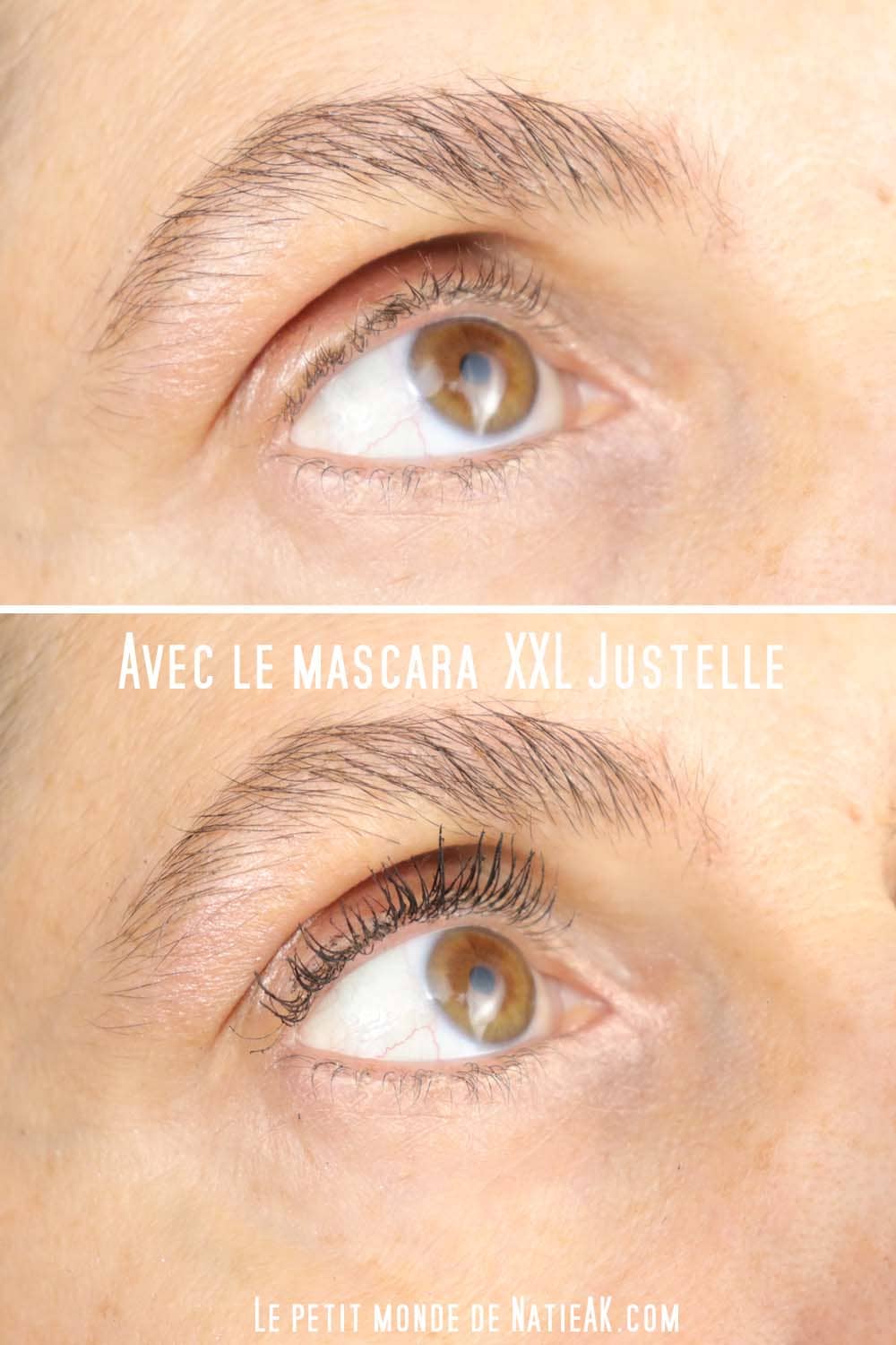 photo avant/après avec le mascara XXL Justelle