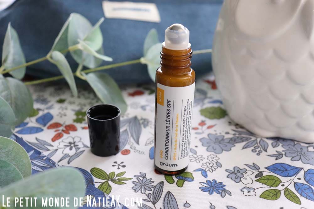 Huile à lèvres GRUÜM SPF 20 fruit de la passion – texture huile légère, embout roll‑on, hydratante, nourrissante et protective