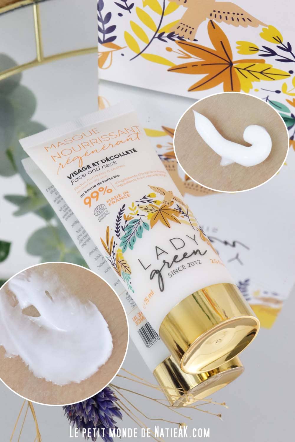 masque visage bio Lady Green mis en avant dans une mise en scène fleurie et apaisante.