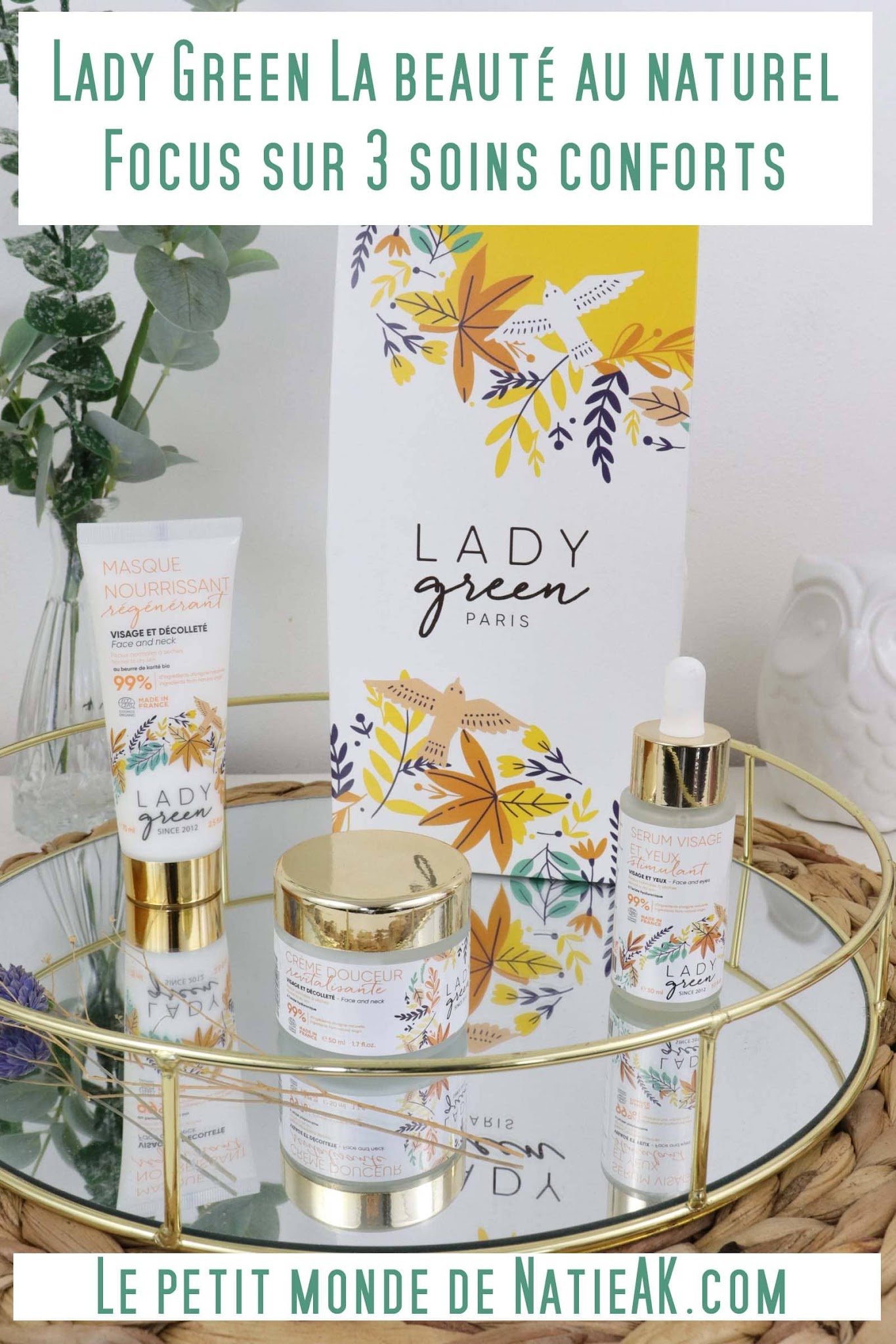 Trois soins visagecrème douceur revitalisante, sérum visage et yeux stimulant, et masque nourrissant régénérant.