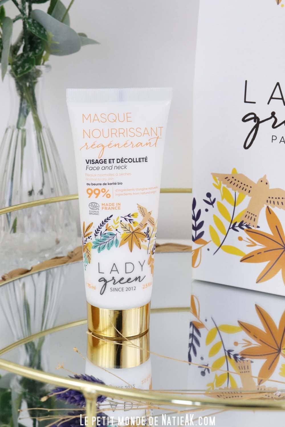 Masque visage et décolleté Lady Green à base d’ingrédients naturels, pour hydrater, nourrir et régénérer la peau.