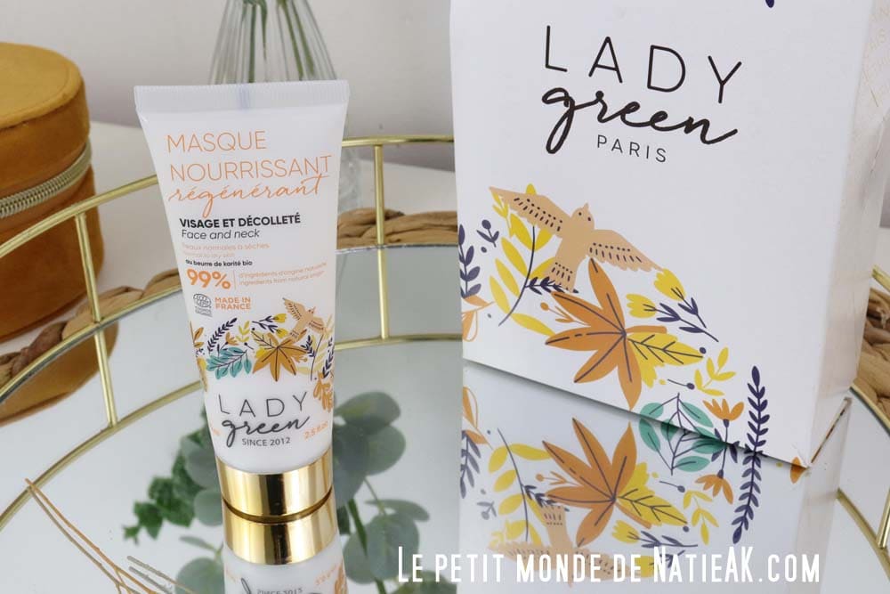 masque nourrissant Lady Green, marque française de cosmétiques bio et éthiques, présentés dans une ambiance naturelle et raffinée.