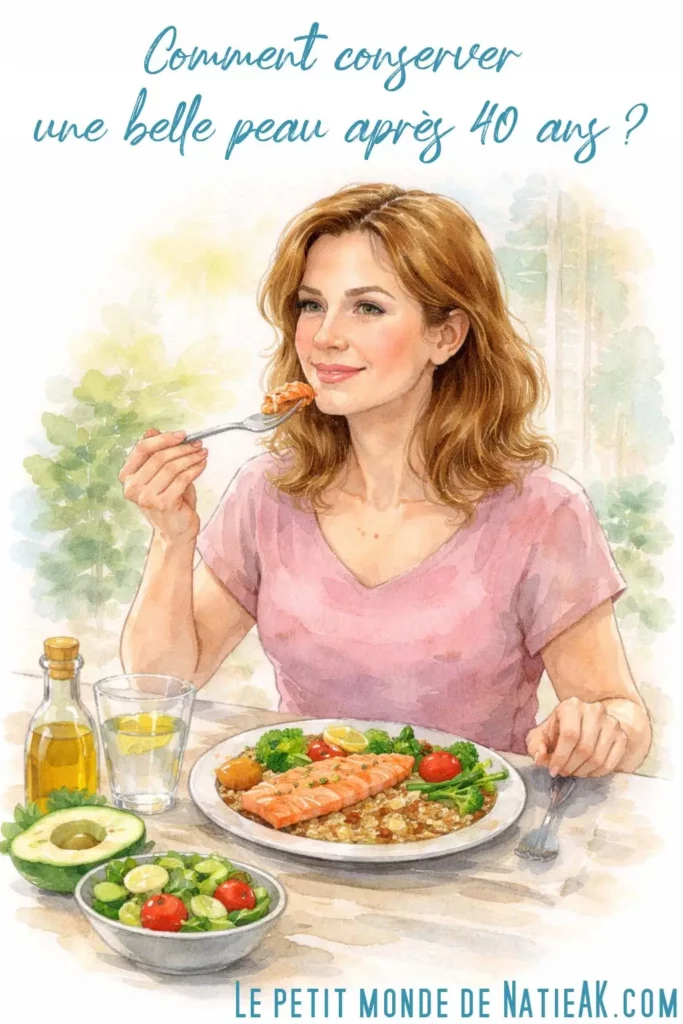 conserver une belle peau après 40 ans dessin d'une femme qui mange sainement